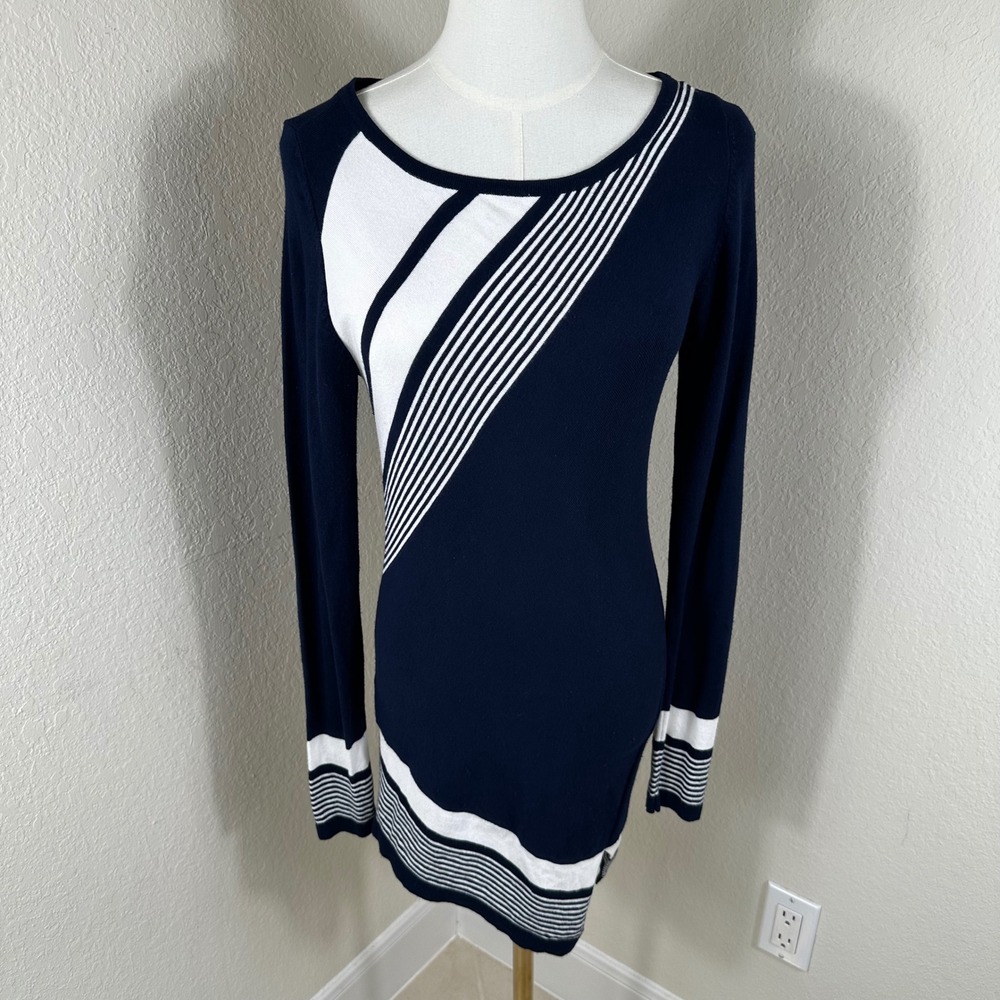 Le Chateau Tunic Sweater Women PS Navy Blue Geometric Knit Top Asymmetrical